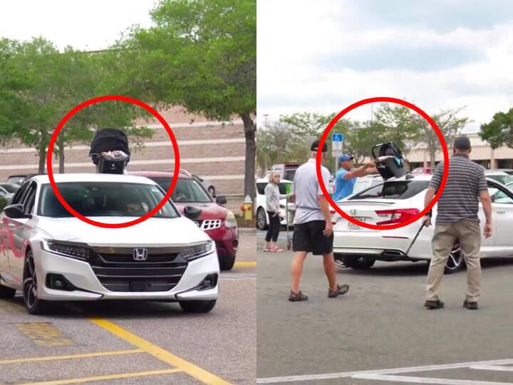 man father forget baby pram on top of car shocking viral video जल्दबाजी में कार की छत पर प्रैम में बच्चे को रखकर भूला पिता और चलाने लगा गाड़ी, होश उड़ा देगा Video