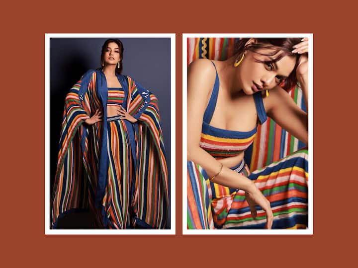 Divya Agarwal is known for her sartorial choices and poses in quirky and unique outfits. This time, she coloured Instagram in a multi-coloured co-ord set. Take a look at the pictures.
