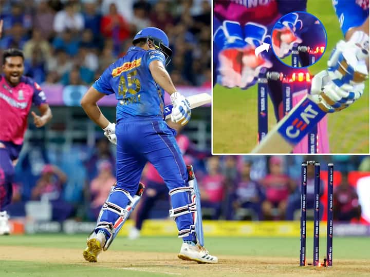 MI vs RR IPL 2023 Controversy Erupts Over Mumbai Indians Skipper Rohit Sharma Dismissal Against Rajasthan Royals- Watch Video Watch Video: ఐపీఎల్‌ 2023లో కాంట్రవర్సీ! సంజూ శాంసన్‌ మోసం చేశాడా?