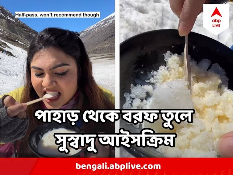 Viral Video woman making ice cream from snow in manali viral video পাহাড় থেকে বরফ তুলে নিয়ে ইনস্ট্যান্ট আইসক্রিম, রেসিপি দেখলেই চমকে যাবেন