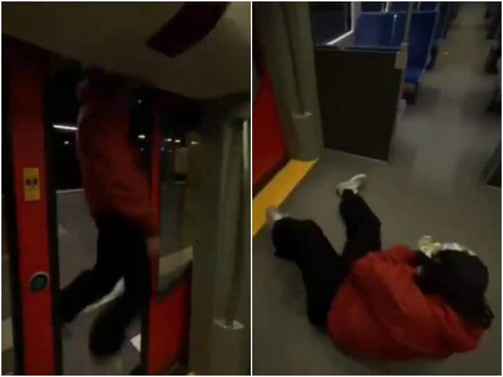 man tries to enter metro by jumping while doing aerial stunts मेट्रो में हवाबाजी करते हुए सवार हो रहा था शख्स, दांव उल्टा पड़ते ही नजर आ गए तारे