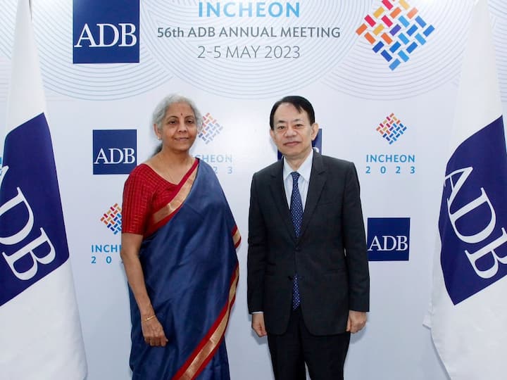 Union Finance Minister Nirmala Sitharaman on the first day of her trip held a bilateral meeting with Masatsugu Asakawa, president of Asian Development Bank (ADB), on the sidelines of the ADB Annual Meetings, at South Korea's Incheon. (Image: Twitter/Ministry of Finance)