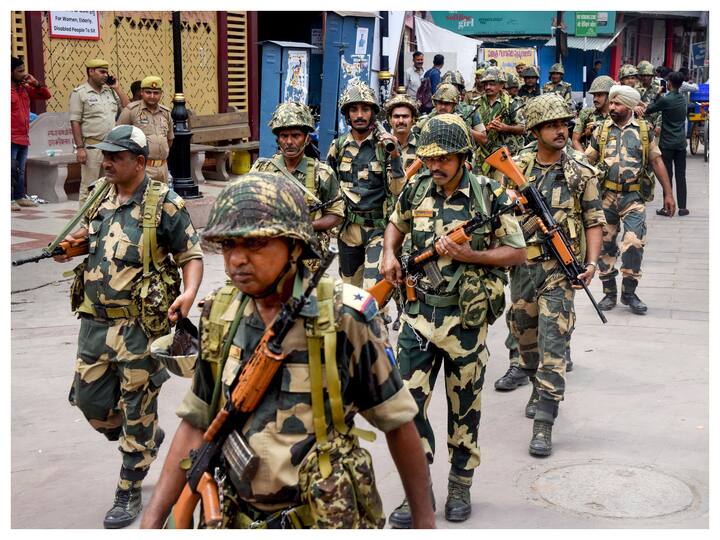 In the first phase, polling will be held for posts of 103 nagar palika parishad chairpersons and 2,740 nagar palika parishad members. Apart from this, voters in the first phase will also decide the fate of 275 nagar panchayat chairpersons and 3,645 nagar panchayat members. The image shows security personnel conducting a route march ahead of the municipal elections, in Varanasi. (Image: PTI)