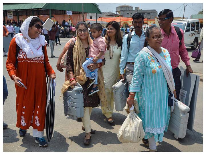 More than 2.40 crore voters are eligible to exercise their franchise in the first round of voting, officials said, and added that all the posts are being contested on party symbols. The image shows polling officials leaving for their respective polling booths after collecting EVMs and other voting materials ahead of the elections. (Image: PTI)
