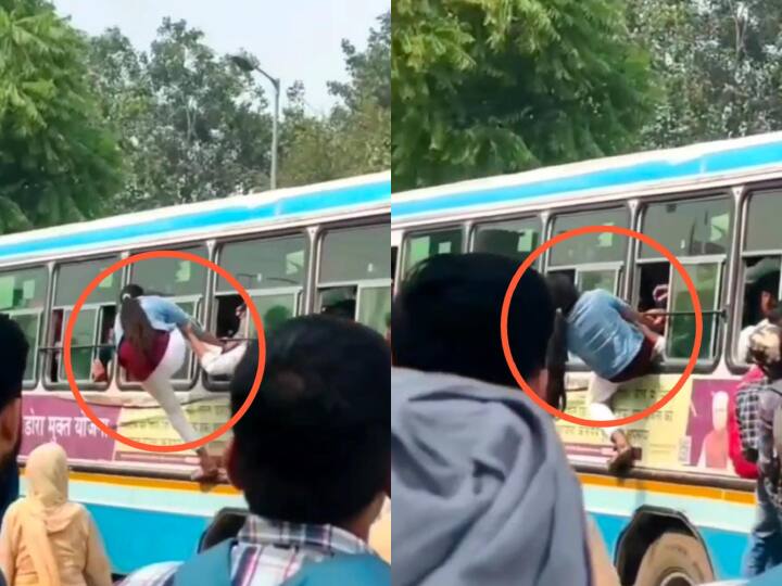 girl boarding bus through window Jugaad stunt viral video Video: जब चलती बस में खिड़की से चढ़ गई लड़की, ऐसा जुझारूपन देख सिर पकड़ लेंगे आप