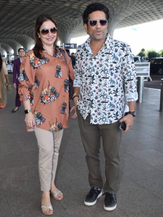 एयरपोर्ट पर पत्नी अंजलि संग सचिन तेंदुलकर का कूल लुक