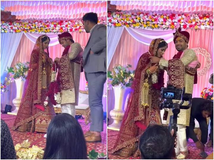 Garland broke in hands of groom even before putting it around neck of bride गले में डालने से पहले ही दूल्हे के हाथों में टूट गई वरमाला, फिर जो हुआ उसे देख पिघले लाखों दिल