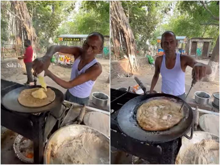 Street food vendor made parantha by dipping it in ghee on pan तवे पर घी के स्विमिंग पूल में डुबो-डुबोकर बनाया ​पराठा, वीडियो को मिले 14 मिलियन व्यूज