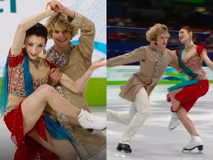 Olympic Champion dancing on Bollywood songs while doing Ice Skating viral video Ice Skating करते हुए हिंदी गानों पर डांस कर रही विदेशी जोड़ी, खूब देखा जा रहा Video