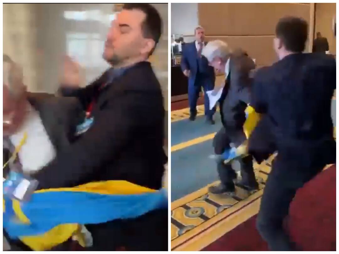 Watch: Ukrainian MP Punches Russian Representative After He Snatches Flag At A Summit In Turkey Ukrainian MP Punches Russian Representative After He Snatches Flag PABSEC Summit Turkey Ankara Watch: Ukrainian MP Punches Russian Representative After He Snatches Flag At A Summit In Turkey