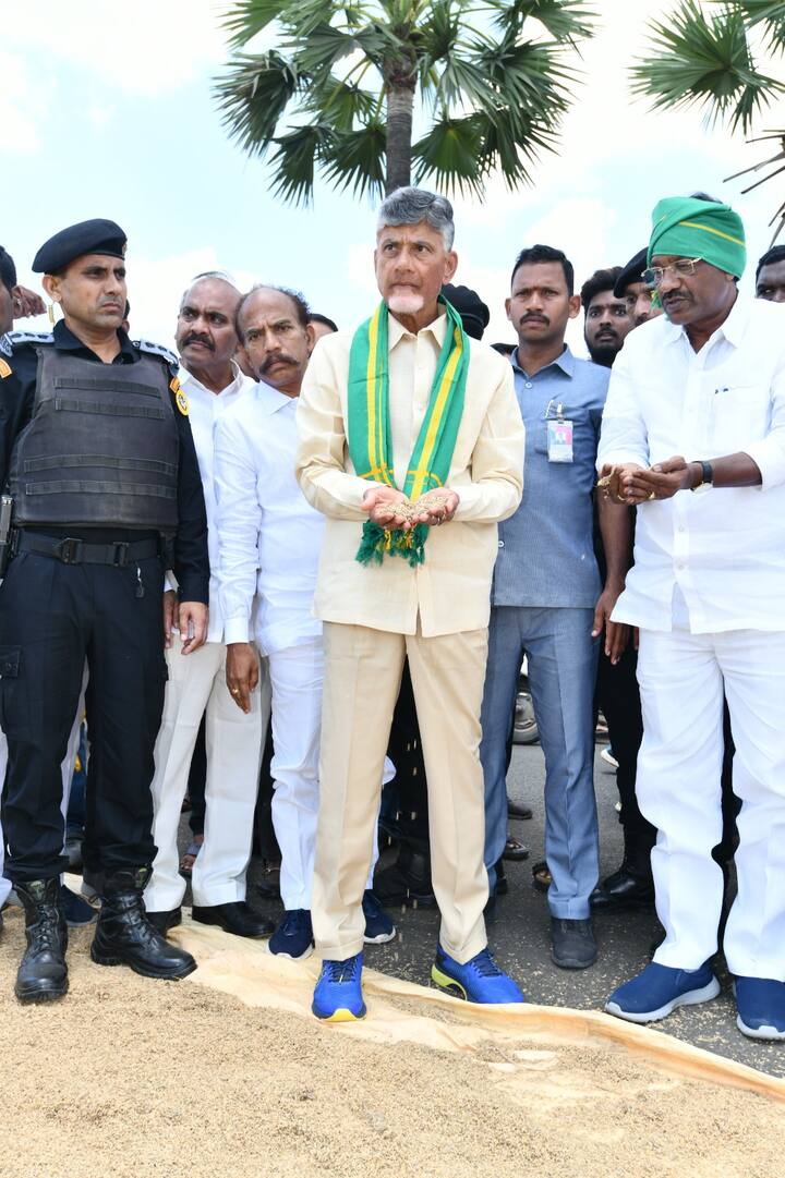 ఉమ్మడి తూర్పు గోదావరి జిల్లాలో తడిచిన ధాన్యాన్ని పరిశీలిస్తున్న చంద్రబాబు