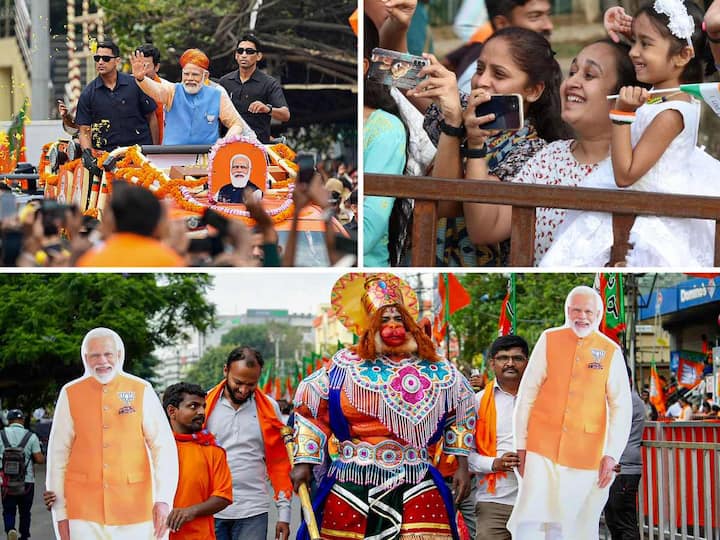 Prime Minister Narendra Modi started his 26-Km mega roadshow in Bengaluru on Saturday. While he was greeted by his fans and supporters, a man dressed as Hanuman was seen during the roadshow.