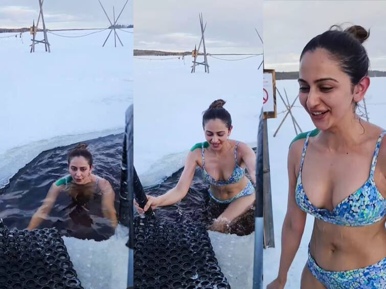 actress Rakul Preet Singh dip in cold water in minus 15 degrees in bikini video goes viral Rakul Preet Singh: பிகினி உடையில்.. உறை பனியில்... ஐஸ் குளியல் போட்ட ரகுல்..! வைரலாகும் வீடியோ..!