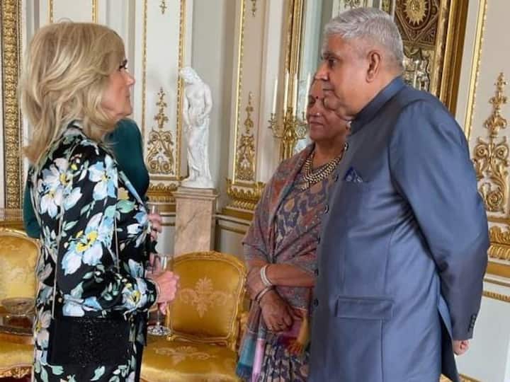 Vice President Jagdeep Dhankhar interacts with the First Lady of the United States of America Jill Biden during a reception ahead of the coronation of Charles III.