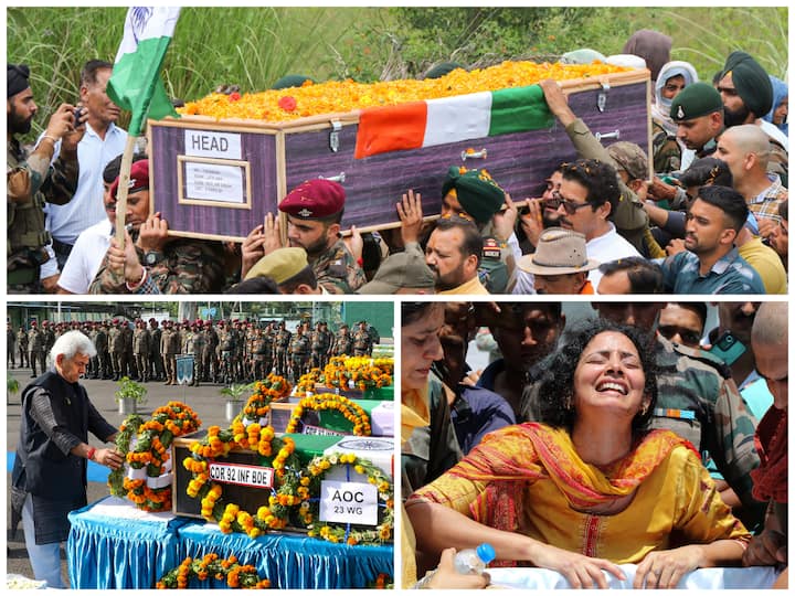 Uttrakhand CM Pushkar Singh Dhami, J&K Lt. Governor Manoj Sinha, and army personnel paid tribute to the five jawans martyred in the IED explosion in Jammu and Kashmir's Rajouri district.