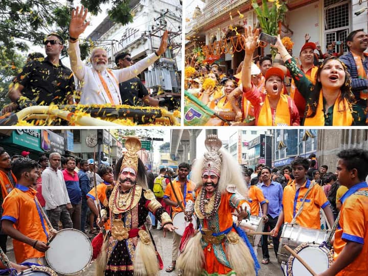 Prime Minister Narendra Modi held his second roadshow in Bengaluru on Sunday. Several BJP supporters were gathered along the way to see the PM, while artists performed to entertain the crowd.