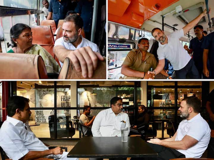 As campaining for the Karnataka election came to a close on Monday, Congress leader Rahul Gandhi was seen travelling in a bus and interacting with college students and women.