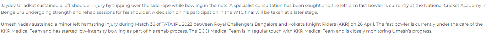WTC Final 2023:  उमेश यादव अन् जयदेव उनाडकटही दुखापतग्रस्त, BCCI ची माहिती