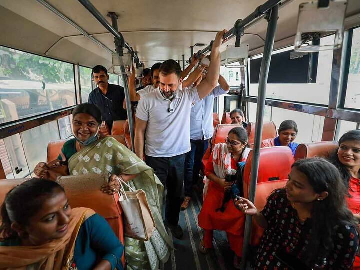 A Congress leader said women and college students candidly discussed topics related to rising price of essentials, the 'Gruhalakshmi' scheme (Rs 2,000 per month for woman head of household) and the Congress' guarantee of free travel for women with Rahul Gandhi. (Source: PTI)