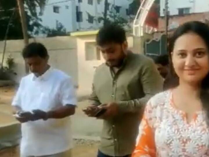 Kannada actress Amulya and her husband cast their votes at a polling booth in RR Nagar, Bengaluru. (Photo: Twitter/ANI)