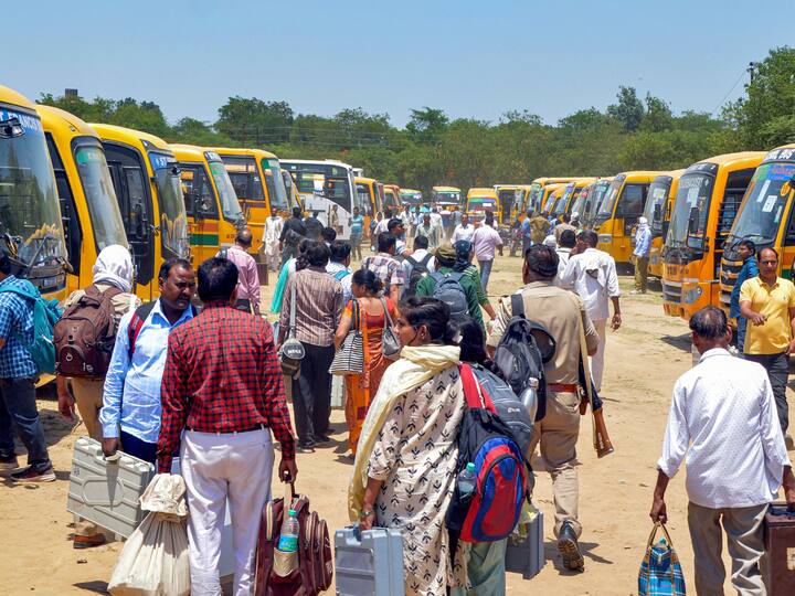 Poll booth officials were seen going to their allocated booths in Ghaziabad.  (Image Source: PTI)
