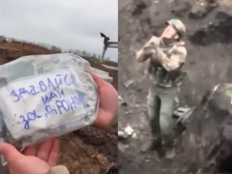 Russian Soldier Surrenders To Ukrainian Drone After Begging Not To Bomb Him — WATCH Russia Ukraine War Vladimir Putin WATCH: Surrendering Russian Soldier Follows Ukrainian Drone After Note Dropped To Him