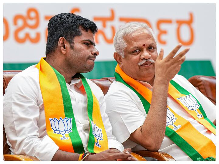 “I am very confident tomorrow Karnataka BJP is going to break two jinx. One, after 1985, a political party has not come back to power again twice in succession and second that BJP Karnataka has not crossed 113 on our own till now. We are very confident when BJP is crossing 113 mark of our own and there is no question of seeking anybody's support,” said Tamil Nadu BJP chief K Annamalai. (Image: PTI)