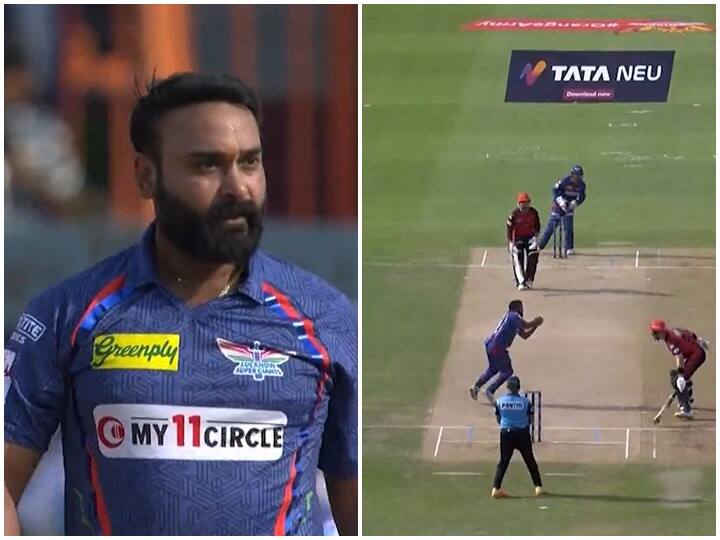 IPL 2023 Caught and bowled LSG Amit Mishra dismissed the well set SRH Anmolpreet Singh SRH vs LSG SRH vs LSG: अनमोलप्रीत का विकेट लेने के बाद फूटा अमित मिश्रा का गुस्सा, वायरल वीडियो में दिखा रिएक्शन