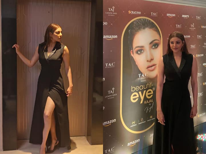 Kajal Aggarwal shared pictures from a product that she has launched with her husband. Kajal wore a black dress and looked dapper as ever.