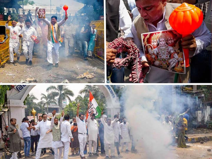 Jubilant Congress supporters were seen displaying lord Hanuman’s images while bursting crackers as part of their celebrations for their victory in the Karnataka elections.