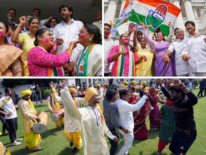 Congress party workers start celebrations across different cities after they won in the Karnataka elections. Here is a look at it: