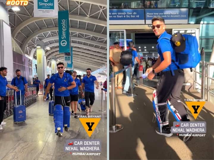 MI Nehal Wadhera Travels Wearing Batting Pads As Punishment For Being Late In Team Meeting Viral Video MI's Nehal Wadhera Travels Wearing Batting Pads As Punishment For Being Late In Team Meeting- WATCH VIDEO