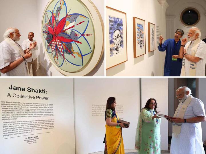 Prime Minister Narendra Modi visited the Jana Shakti exhibition held at the National Gallery of Modern Art (NGMA) Delhi on Sunday. Here is a look at the photos of his visit.