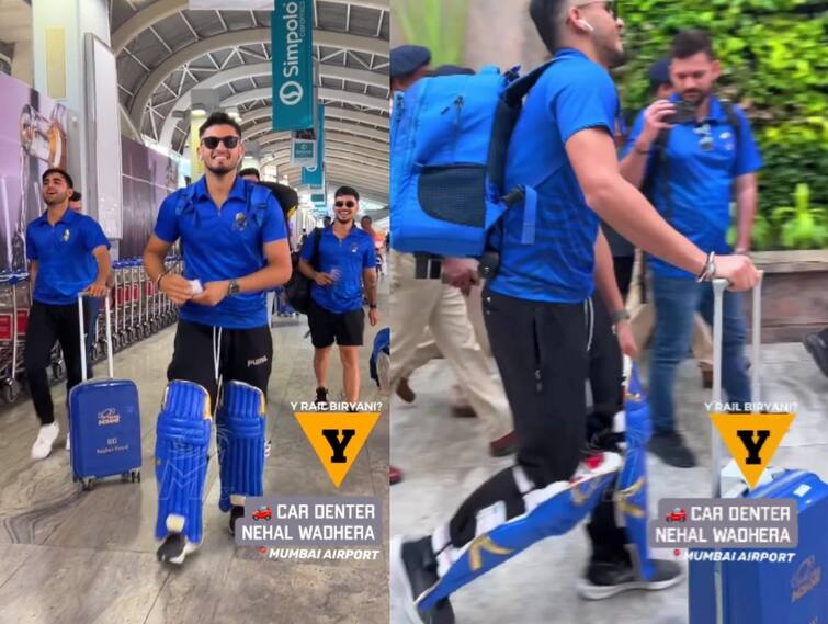 Mumbai indians batsman Nehal Wadhera travels in Mumbai airport wearing batting pads as punishment Watch Video: தாமதமாக வந்த நேஹால் வதேரா.. தாமாக முன்வந்து வித்தியாசமான தண்டனையை கொடுத்த மும்பை இந்தியன்ஸ்!