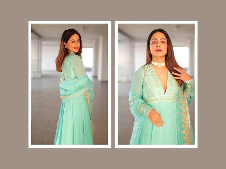 Hina Khan set a new standard for ethnic clothing, making heads turn in a gorgeous mint-coloured anarkali kurta combo.