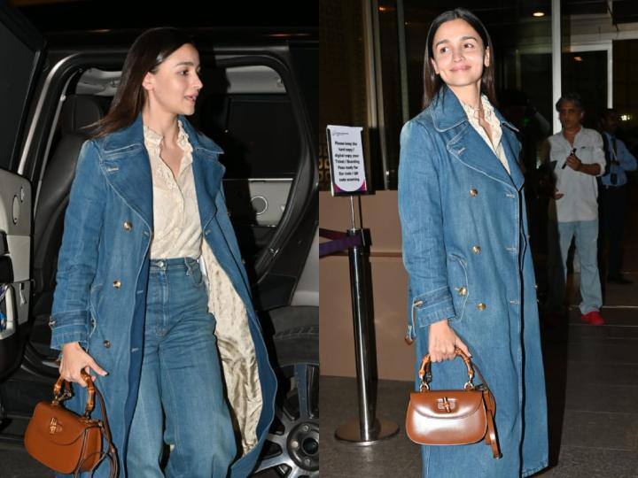 आलिया भट्ट ने डेनिम लुक के साथ अपने हाथ में ब्राउन हैंड बैग लिया हुआ था.