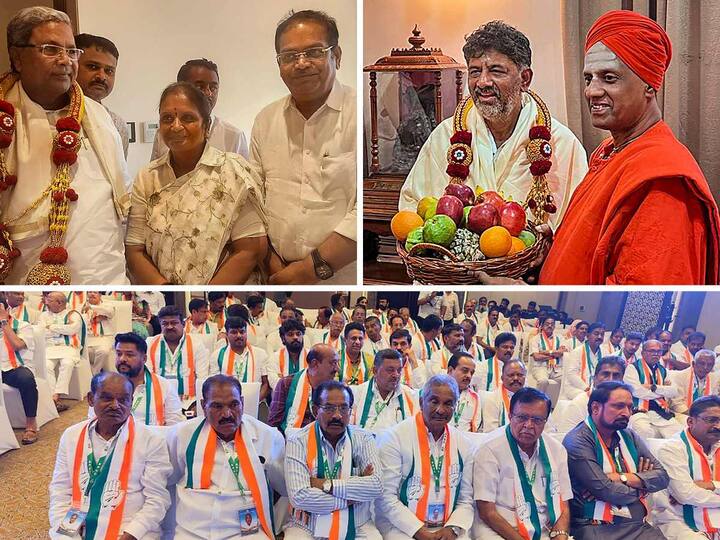 As the Congress Legislature Party is meeting to decide the next Karnataka Chief Minister, party workers and leaders were seen in different moods. Here is a look at it: