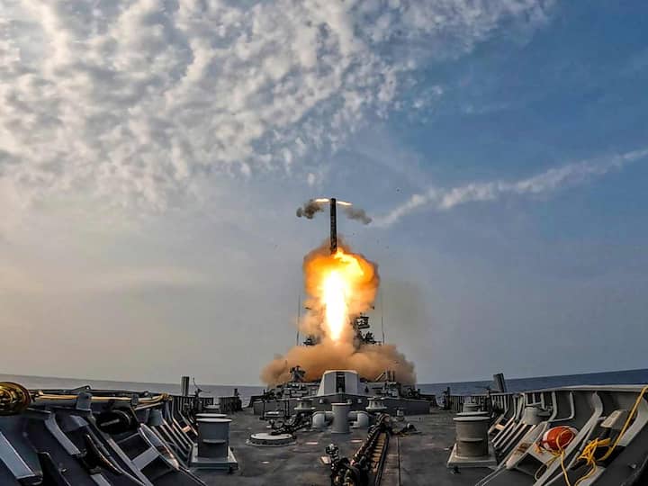 INS Mormugao, India's latest guided-missile destroyer, successfully hit 'bulls eye' during her maiden BrahMos supersonic cruise missile firing, a Navy official said. (Source: PTI)