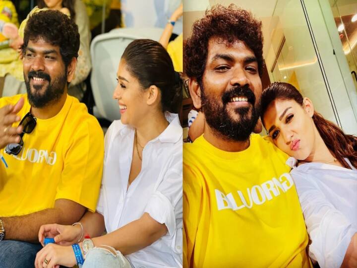 Vignesh Shivan and Nayanthara at Chennai Chepauk stadium watching CSK match Nayanthara - Vignesh Shivan: 'சேப்பாக்கத்தில் நயன்தாராவும், விக்னேஷ்சிவனும்..' தோனி வெறியர்களாக மாறிய பொன்னான தருணம்..!