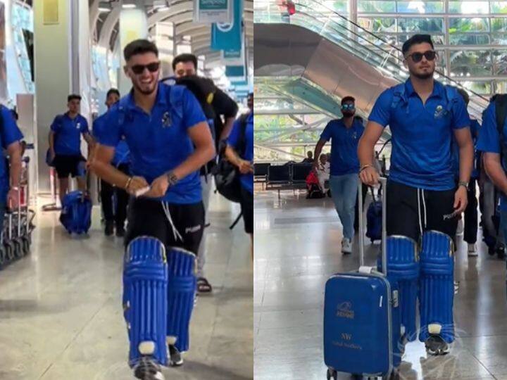 IPL 2023 Mumbai Indians Punish his star batter Nehal Wadhera for being late in meeting he seen with pads at airport watch video Watch: मुंबई इंडियंस के नेहाल वढेरा को मिली ऐसी सख्त सजा, एयरपोर्ट पर बांधने पड़े पैड