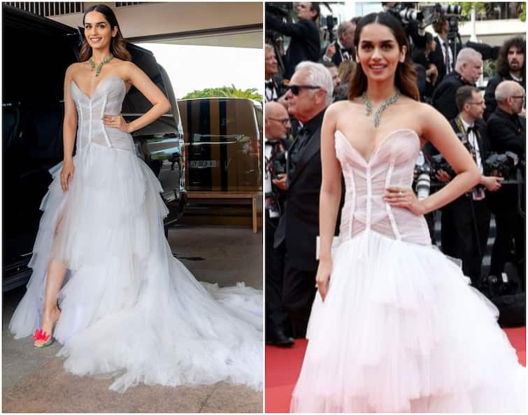 Manushi Chillar Cannes Film Festival 2023 Red Carpet Pics Aishwarya Rai Johnny Depp Cannes 2023: Manushi Chillar Gives Cinderella Vibes In A White Gown As She Makes Her Red Carpet Debut, See Pics