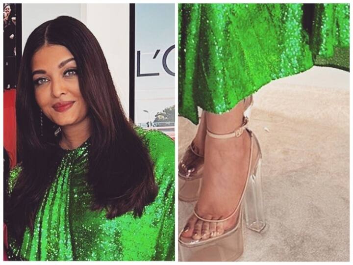 Aishwarya Rai Bachchan cannes film festival first look with high glass heels photo viral see here Cannes 2023: ग्रीन काफ्तान के साथ ऐश्वर्या राय ने पहनी हाई ग्लास हील्स, कान्स 2023 से सामने आया एक्ट्रेस का ये पहला लुक