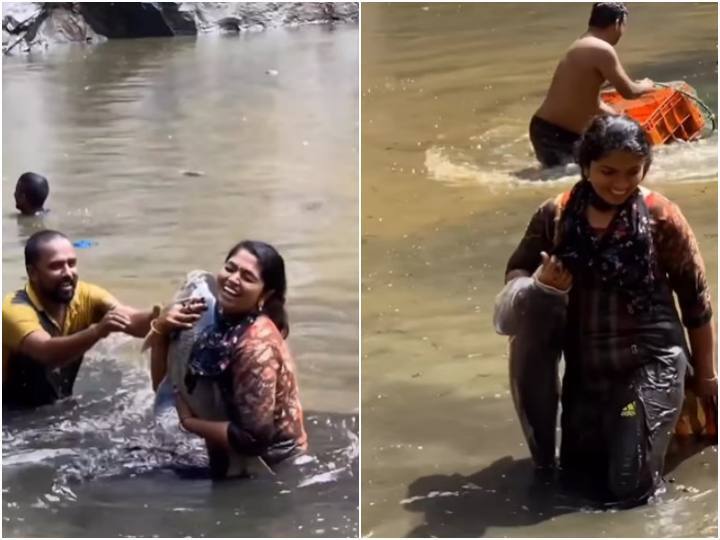 चुपके से महिला ने अपने हाथों से पकड़ ली मछली, ये खास टैलेंट देख यूजर्स भी रह गए दंग girl catching fish in pond with hand video goes viral चुपके से महिला ने अपने हाथों से पकड़ ली मछली, ये खास टैलेंट देख यूजर्स भी रह गए दंग