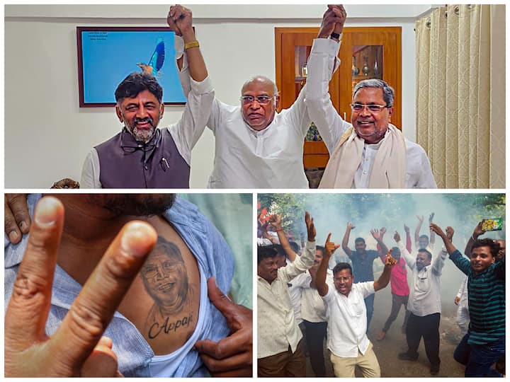 Congress supporters and workers dance and celebrate after Siddaramaiah was announced as the next chief minister of Karnataka.