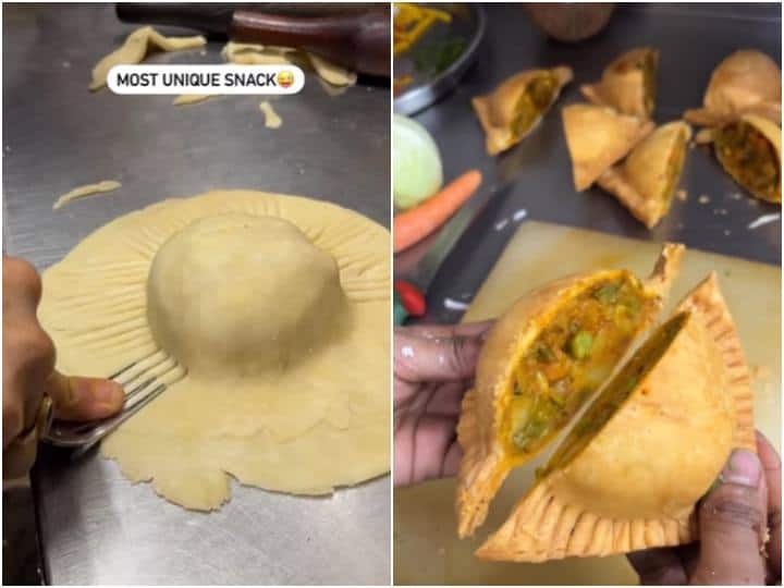 vendor making patties samosa Video goes viral on social media वेंडर ने बदल दिया समोसे का डिजाइन, जो नया डिजाइन बना वो काफी मजेदार है!