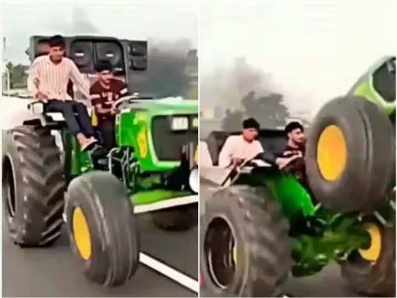 accident happened during amazing stunt on tractor in viral video ਟਰੈਕਟਰ 'ਤੇ  ਹੈਰਤਅੰਗੇਜ ਸਟੰਟ ਦੌਰਾਨ ਵਾਪਰਿਆ ਹਾਦਸਾ, ਮਰਨੋ ਵਾਲ-ਵਾਲ ਬਚਿਆ ਨੌਜਵਾਨ