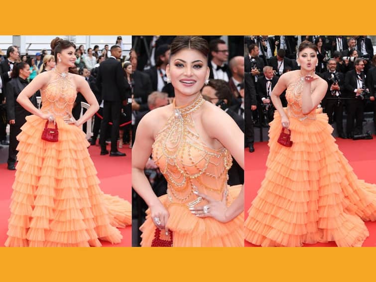 Cannes 2023 Urvashi Rautela Look Day 2 Red Carpet On Day 2 In Sequined Frill Orange Gown Cannes Red Carpet: Urvashi Rautela Shines In Sequined Frill Orange Gown