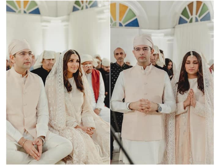 Actor Parineeti Chopra and (AAP) leader Raghav Chadha got engaged on Saturday in front of family and friends at Delhi's Kapurthala House. For the event, the couple matched in white ethnic attire.