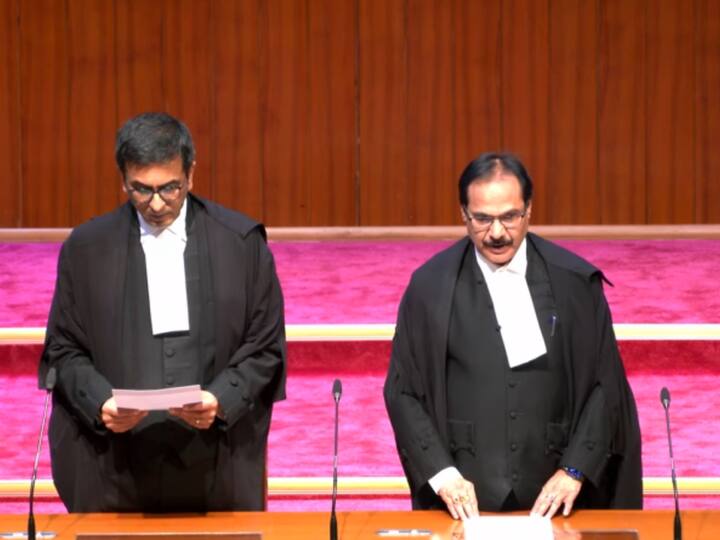 Andhra Pradesh High Court Chief Justice Prashant Kumar Mishra and Senior Advocate KV Viswanathan were sworn-in as Supreme Court judges on Friday. (Credit: Twitter/@ANI)