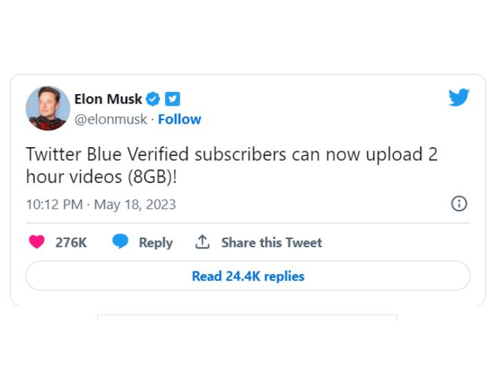 ट्विटर के मालिक एलन मस्क ने 18 मई को एक नए फीचर को पेश करते हुए कहा कि अब ब्लू सब्सक्रिप्शन वाले यूजर्स 2 घंटे और 8GB तक के वीडियो अपलोड कर सकते हैं.